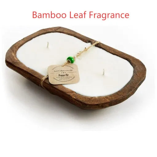 Retro lavender coloured wooden basin containing a soy wax aromatherapy candle with three wicks.