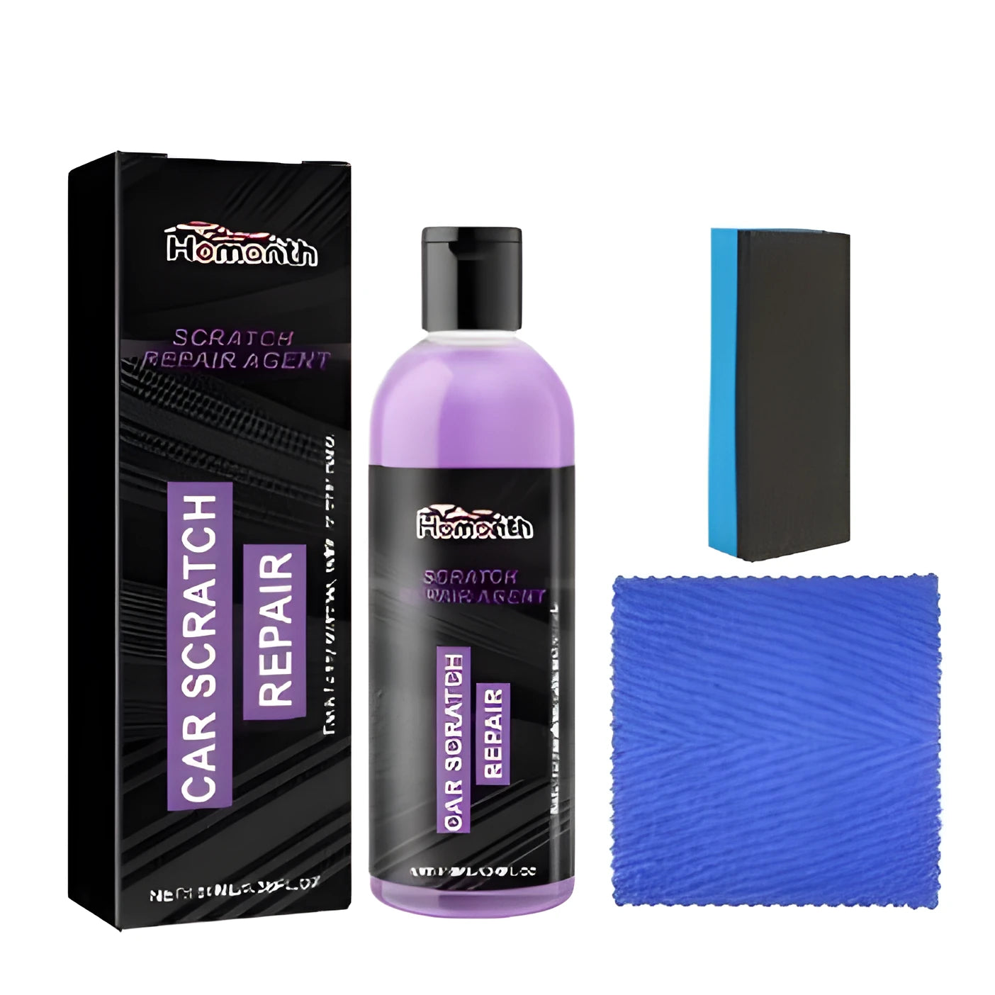 Scratch repair kit with 100ml bottle, sponge, and cloth for vehicle and furniture surfaces
