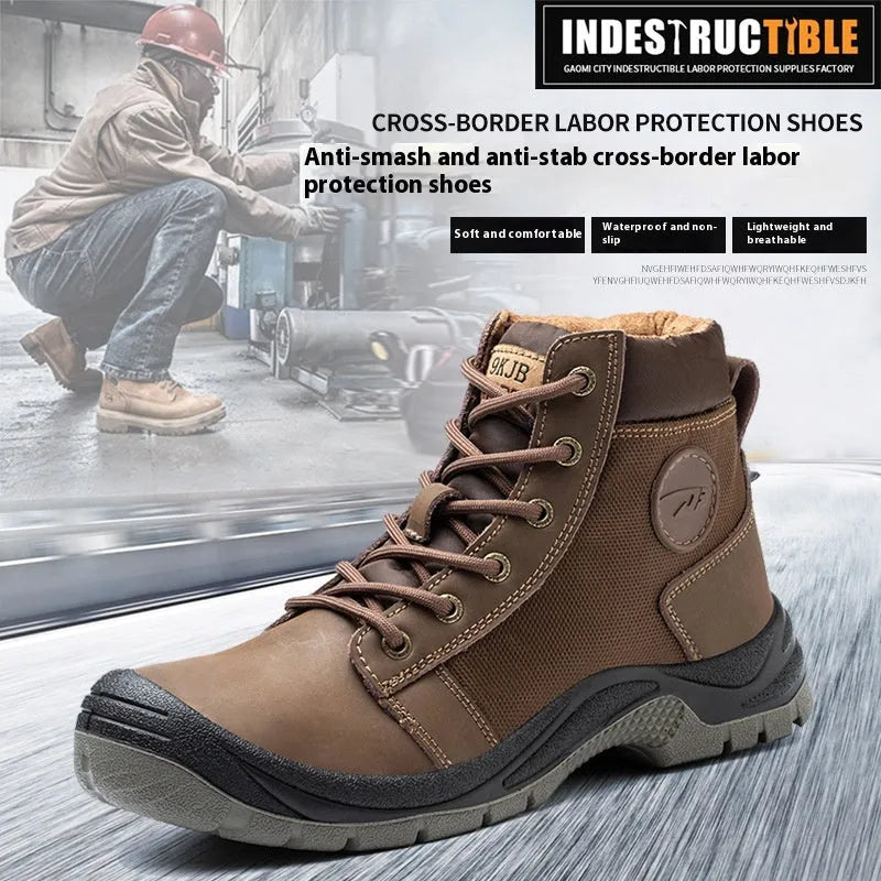 Orange lightweight leather safety work shoes with anti-smash and puncture-resistant rubber soles