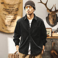 Men's retro corduroy casual jacket in red and black colours, loose fit with long sleeves.