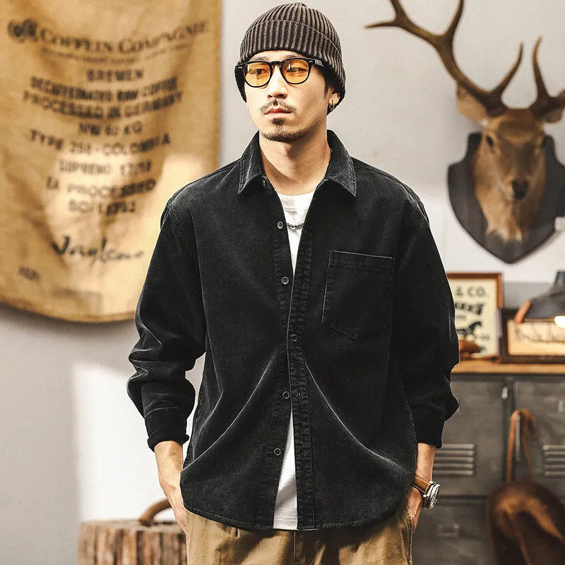 Men's retro corduroy casual jacket in red and black colours, loose fit with long sleeves.
