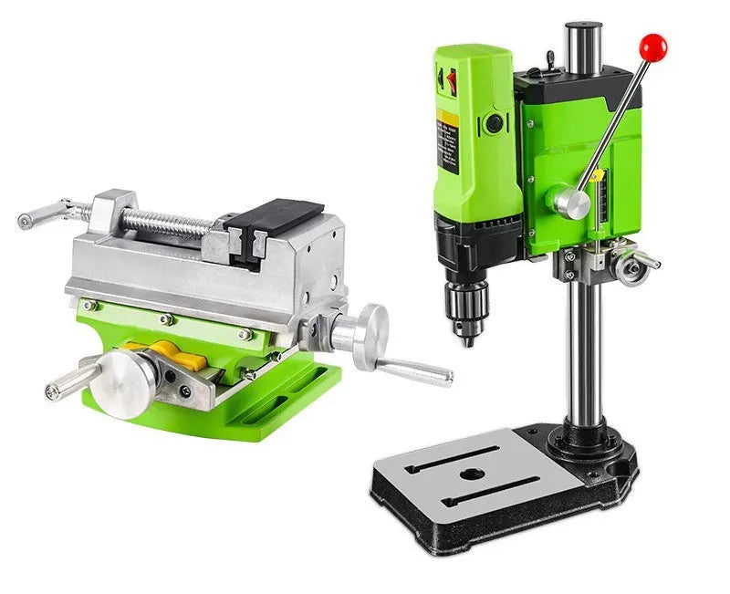 Mini bench drill and milling machine with 1050W drill and bench pliers on a workbench.