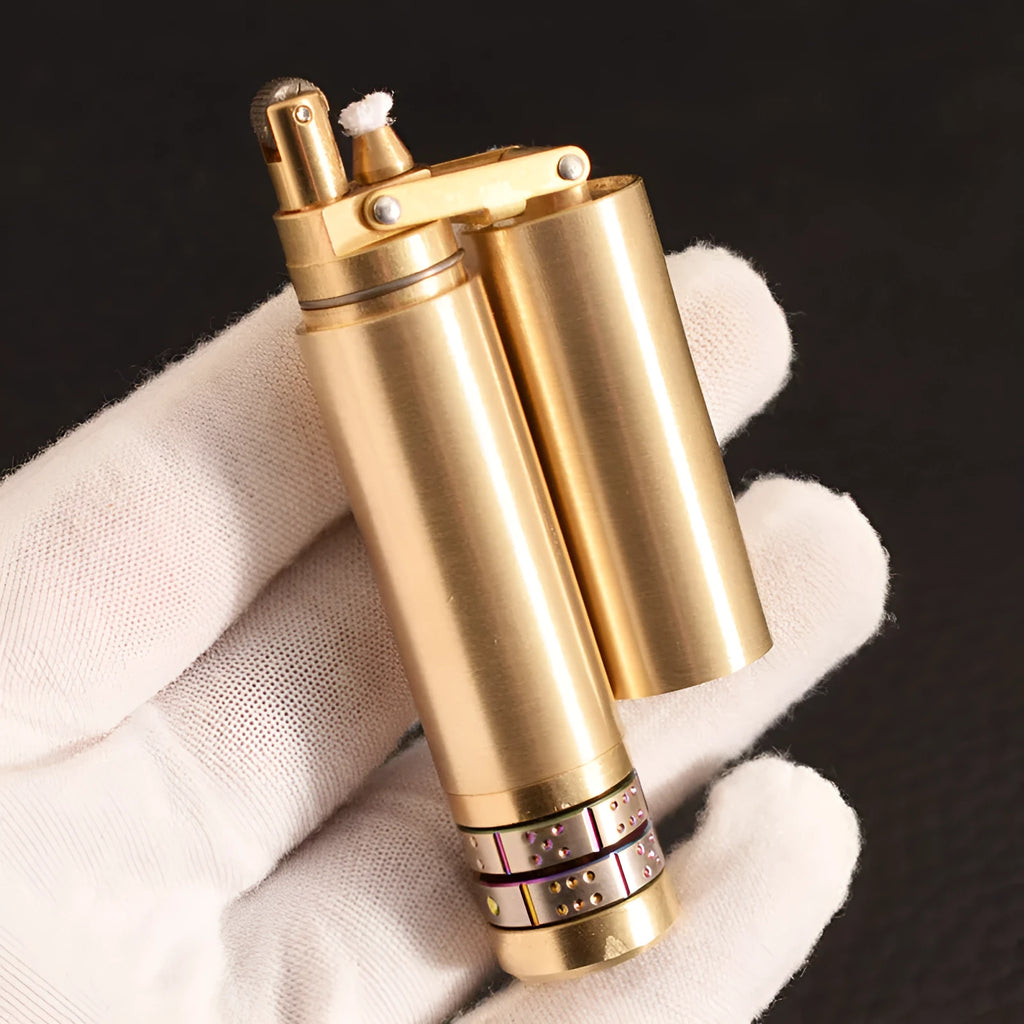 Nunchaku brass kerosene lighter with metal body, YG brushed finish, 9.9cm closed and 12.7cm telescopic length