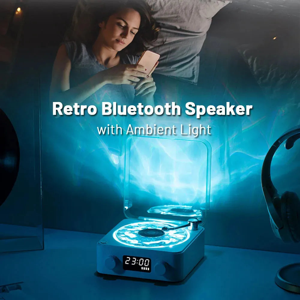 Retro Bluetooth speaker with rotating transparent turntable and RGB lighting projection