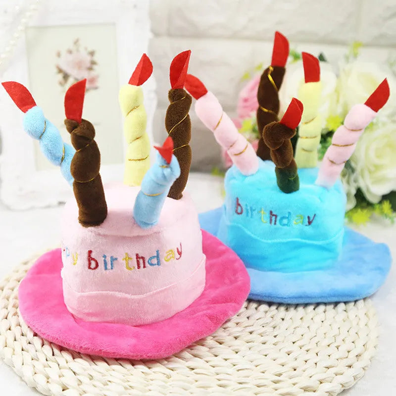Blue and pink dog birthday hats for canine birthday party celebrations