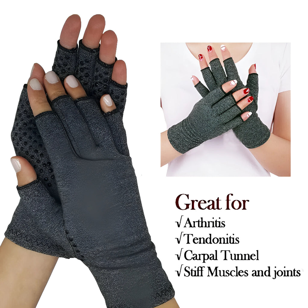 Grey half-finger compression gloves with anti-slip silicone dots on palms