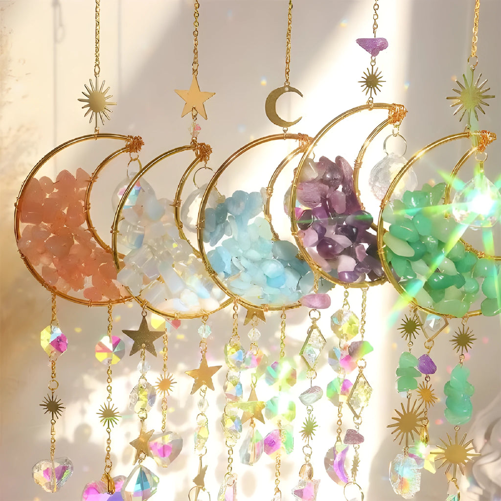 K9 crystal moon-shaped car pendant on a long metal chain, shown in blue colour option.