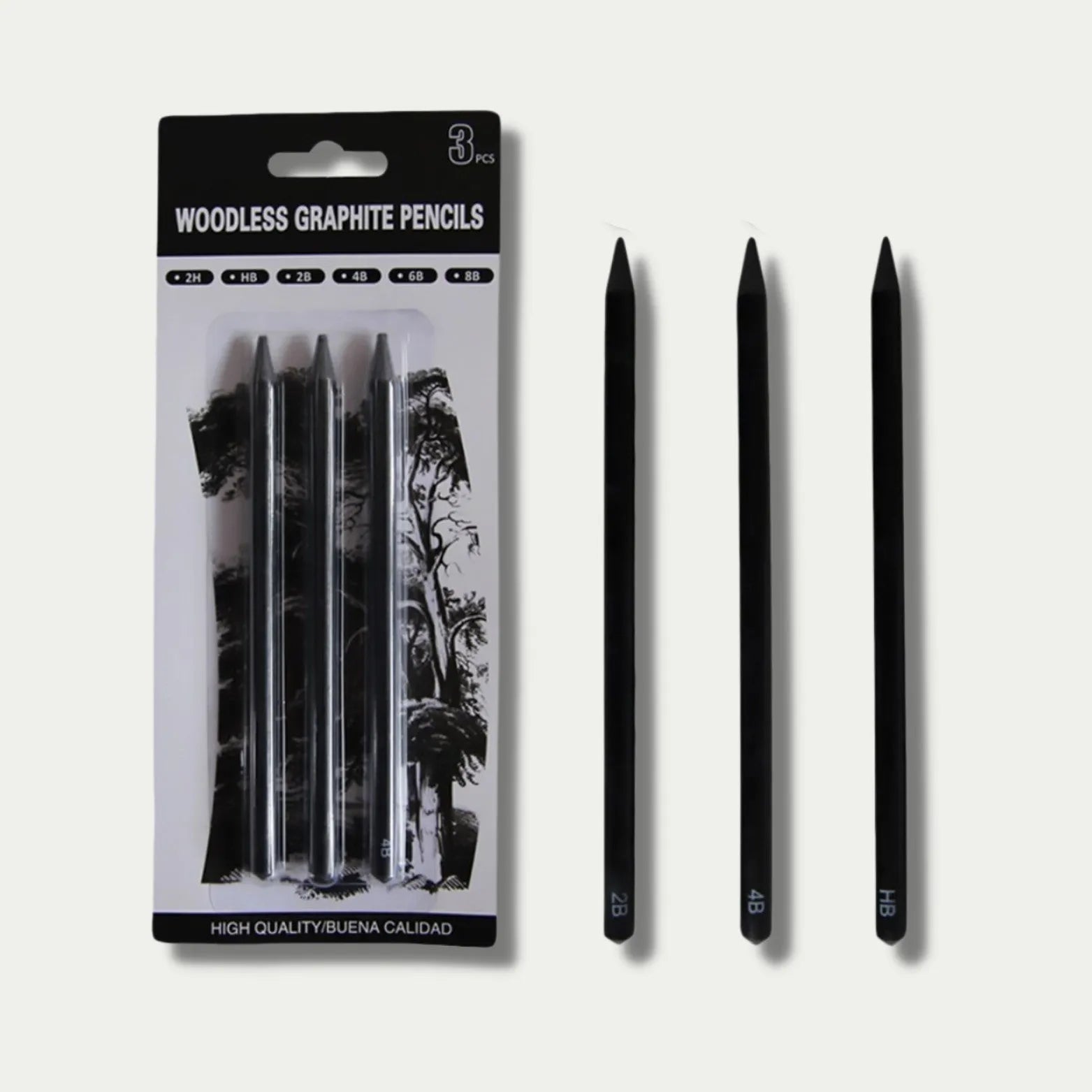 Set of six wood-free graphite sketching pencils in grades HB, 2B, 4B, 6B, 8B, and EE