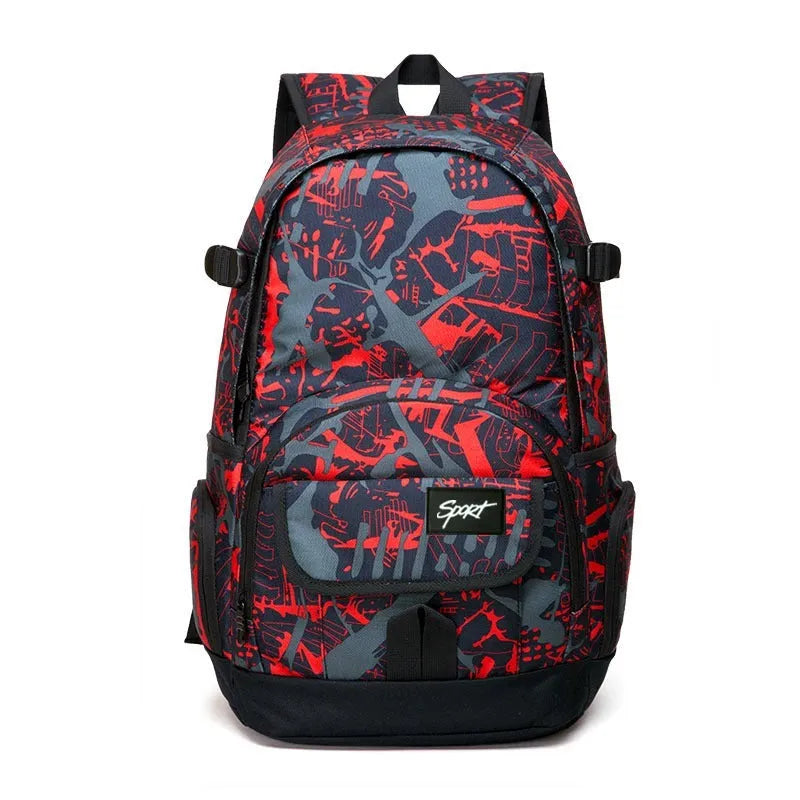 Classic blue nylon backpack with large main compartment shown open.