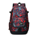 Classic blue nylon backpack with large main compartment shown open.