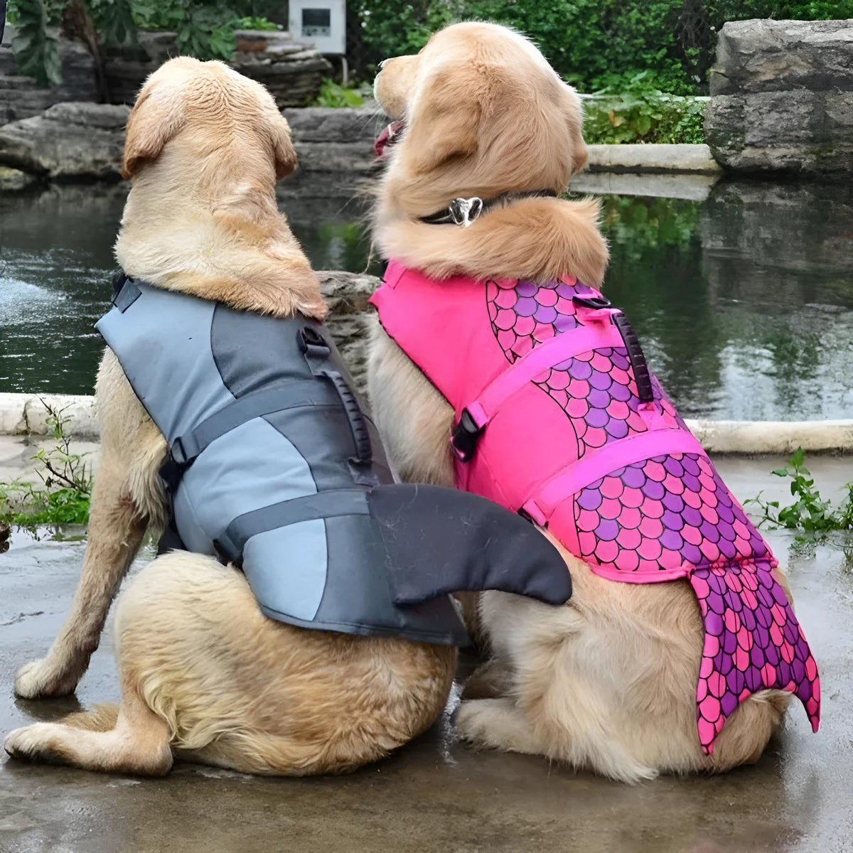 Pet life jacket in 600D polyester oxford with foam filler, available in pink, gray, shark, red, clownfish.