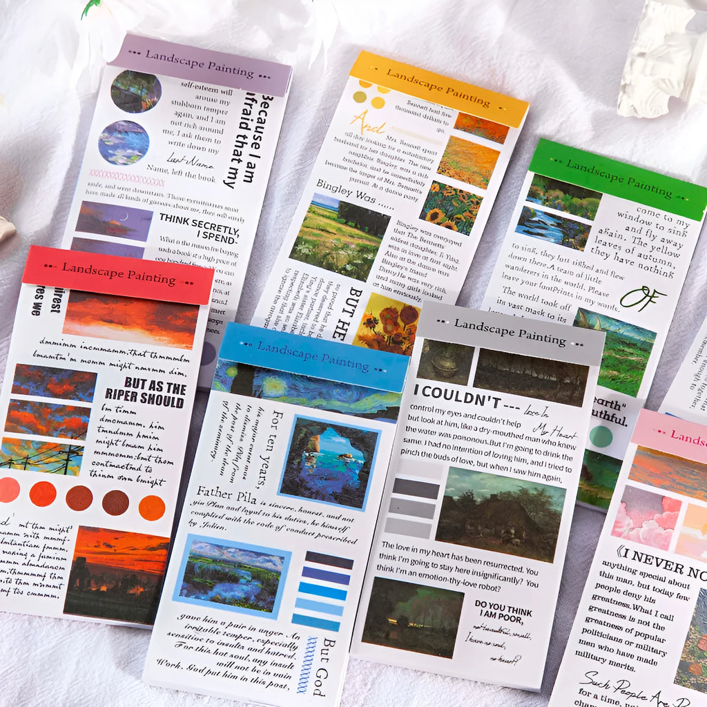 Pack of 20 paper landscape painting stickers measuring 60 by 120 millimetres.