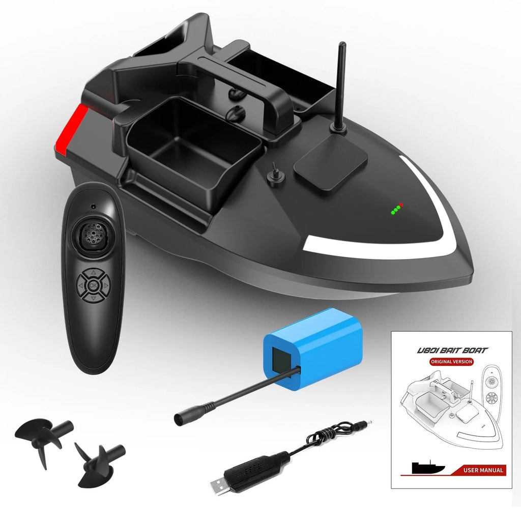 Black GPS remote control fishing boat with antenna on a calm lake