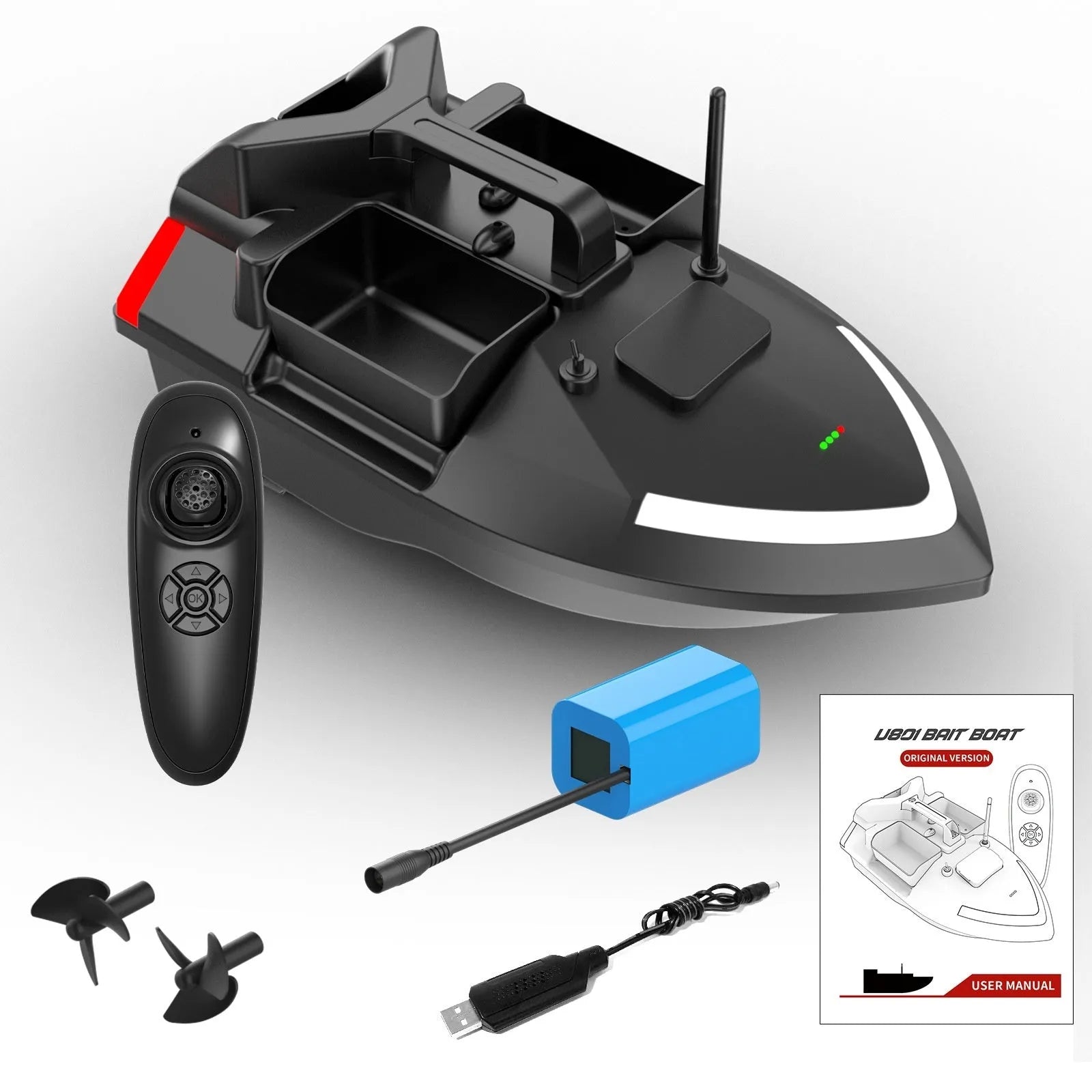 Black GPS remote control fishing boat with antenna on a calm lake