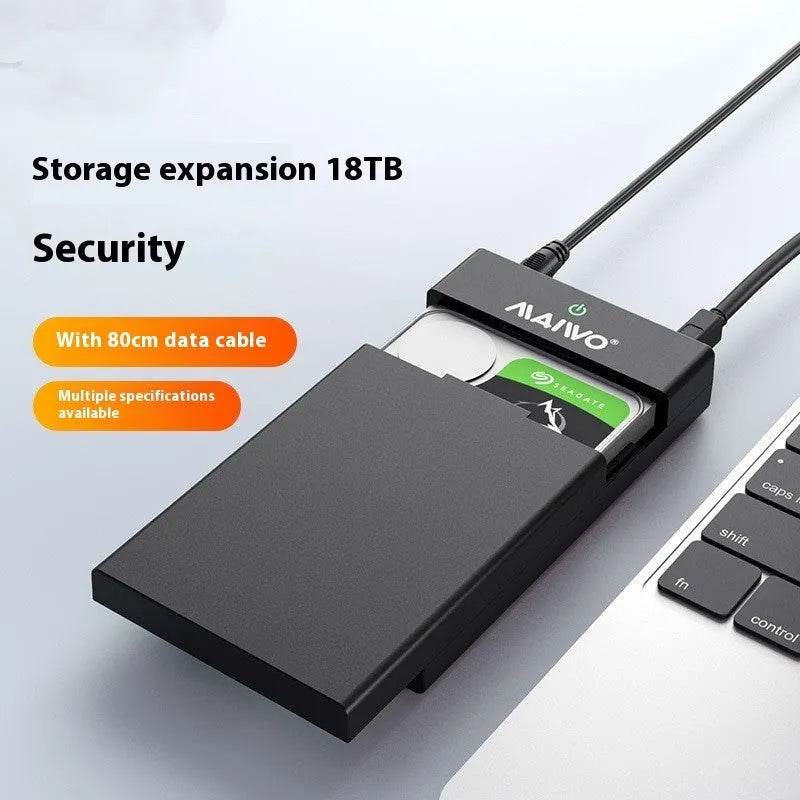 3.5-inch external hard drive enclosure in ABS plastic with USB 3.0 cable and power supply.