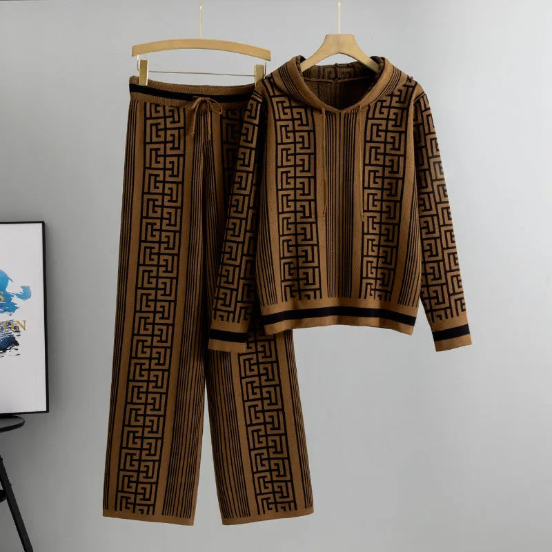 Women's casual knit suit set with hooded sweater top and wide-leg trousers in viscose fibre, available in khaki, black, rose red, and brown colours.