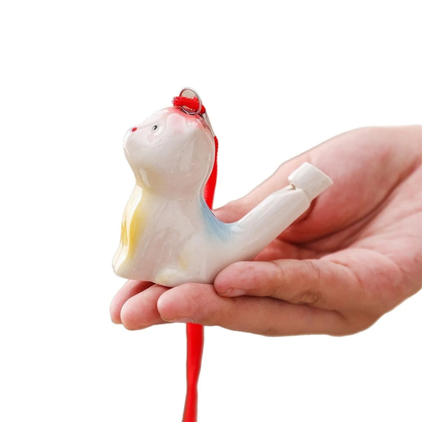 Chinese style white porcelain ceramic whistle with rope, random animal design, children's toy