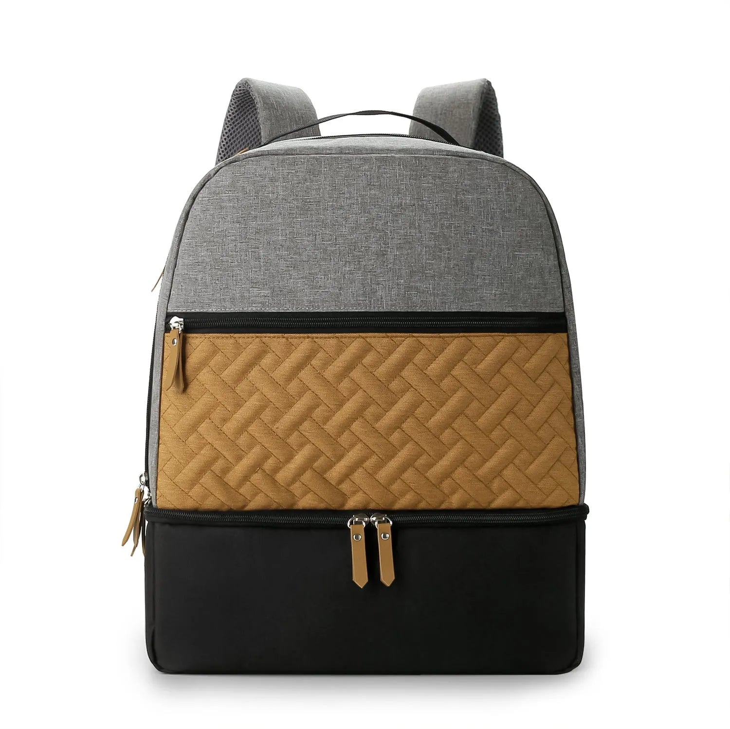 Grey mother and child travel mummy backpack with insulated baby dining compartment and curved shoulder straps