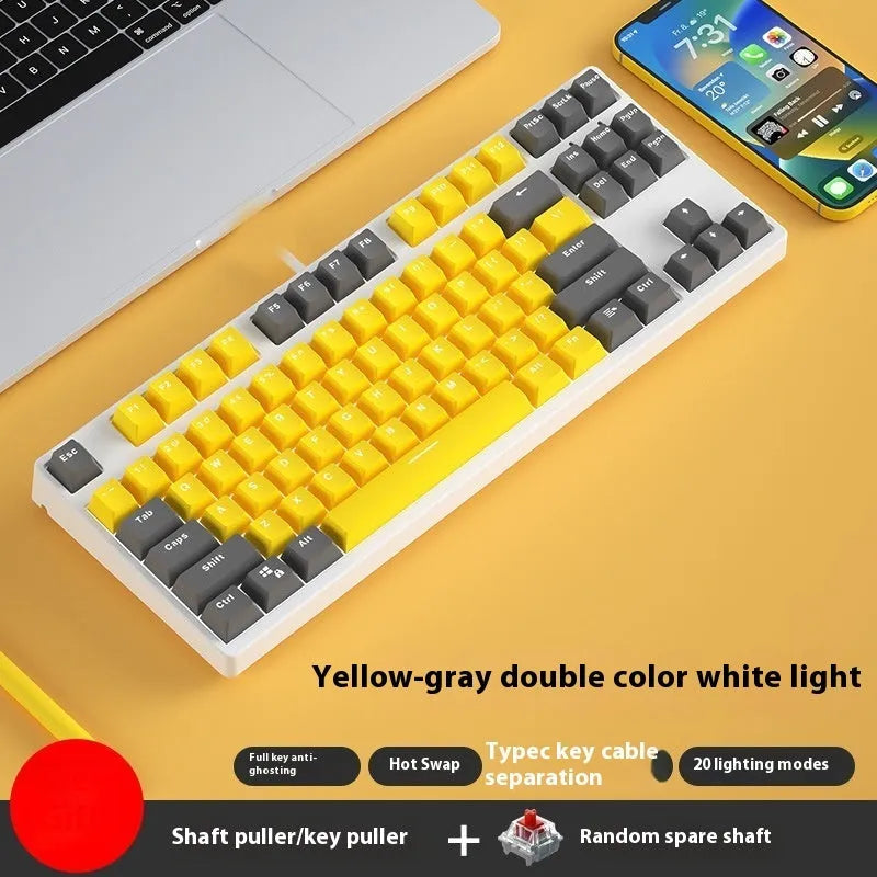 87-key wired mechanical gaming keyboard with hot-swappable switches in dual-colour keycap configuration
