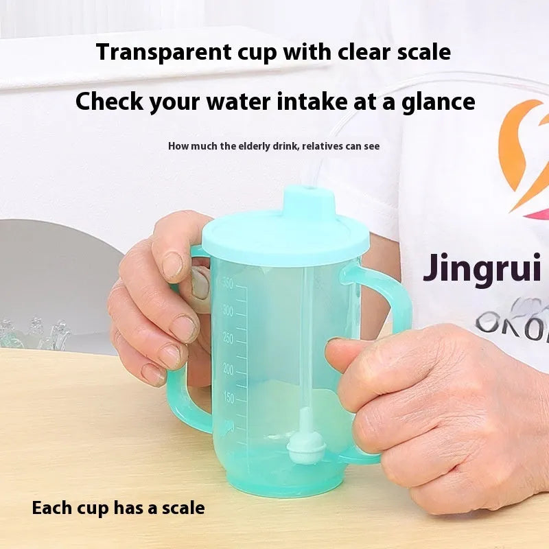 Adult oblique mouth choke proof bed drinking cup with handle and optional wrist splint.