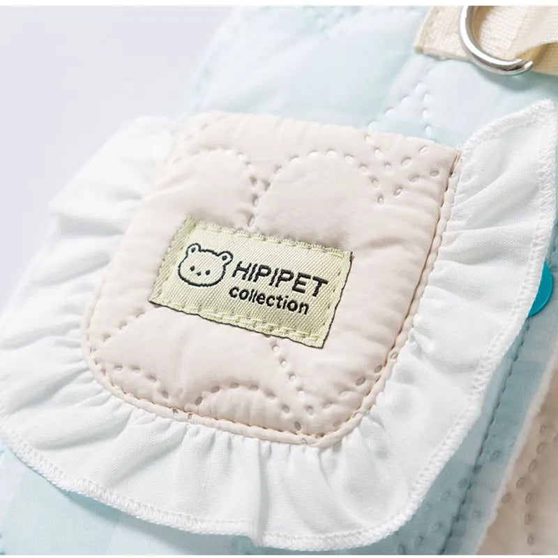 Blue thick warm heart-shaped checkered pocket pet vest dog coat with D-ring and side-buckle closure