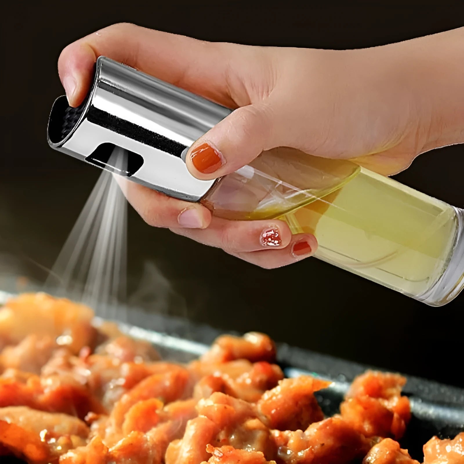 ABS and glass oil spray bottle with pump mechanism in gold, rose gold or silver colour