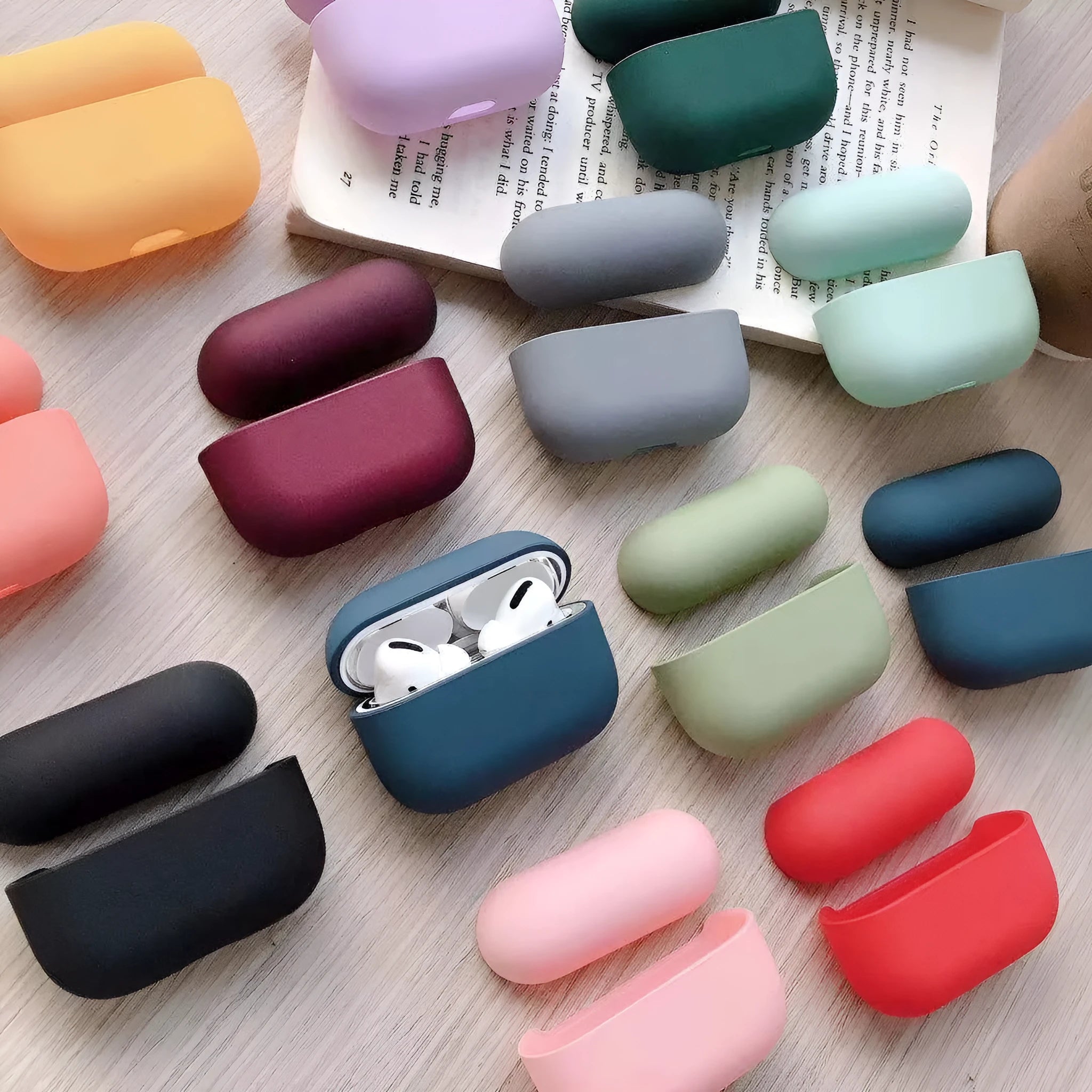 Plastic protective case for AirPods Pro shown in multiple colour options