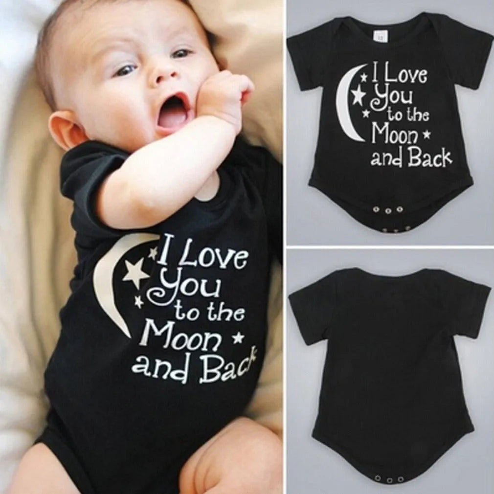 Baby boys black polyester romper with moon, star and letter print, short sleeves, triangle climbing style