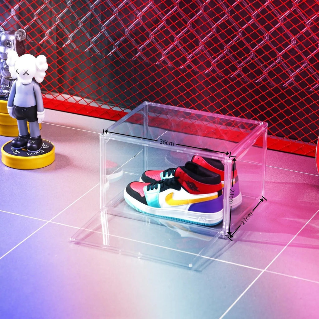 Large transparent acrylic shoe storage box with magnetic side door and lid