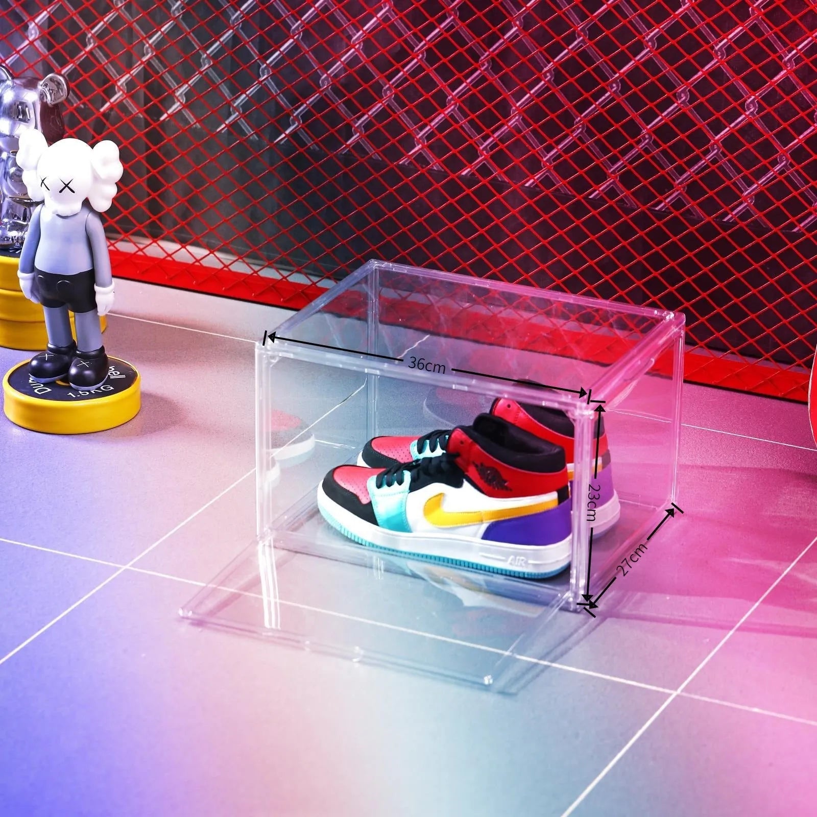 Large transparent acrylic shoe storage box with magnetic side door and lid