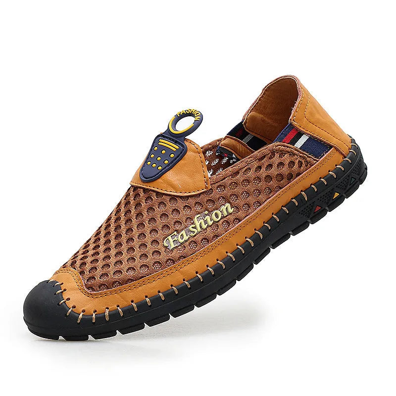 Men's casual mesh shoes with round toe and rubber sole in brown, dark blue, or dark green