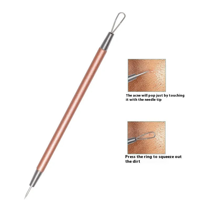 Rose gold stainless steel acne remover tool set with 6 dual-purpose beauty needles