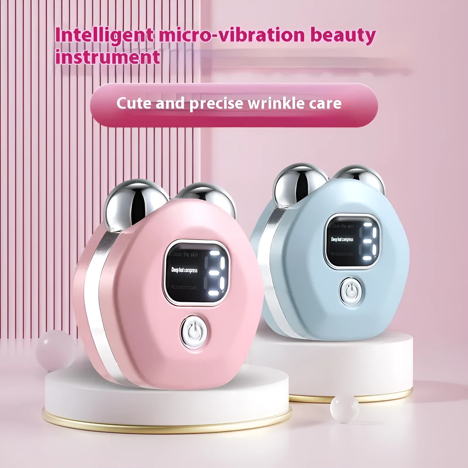 Portable white handheld facial massage instrument with a dual-roller head for micro current and hot compress therapy.