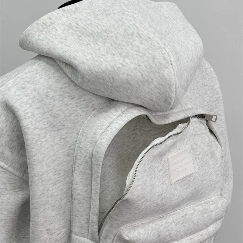 Men's light gray hooded casual coat with a distinctive backpack design on the back.