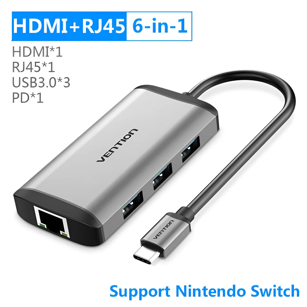Deep grey Type-C to HDMI USB3.0 Ethernet adapter hub with SD and TF card slots on a desk.