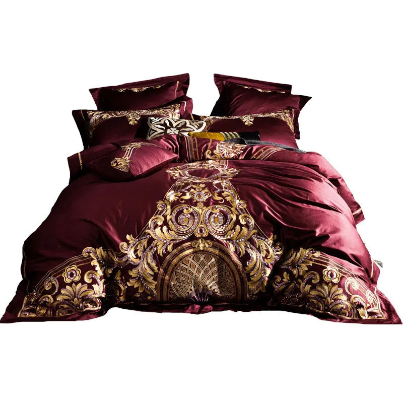 Four-piece cotton embroidery bed set in grey, comprising duvet cover, fitted sheet, and two pillowcases, satin weave finish