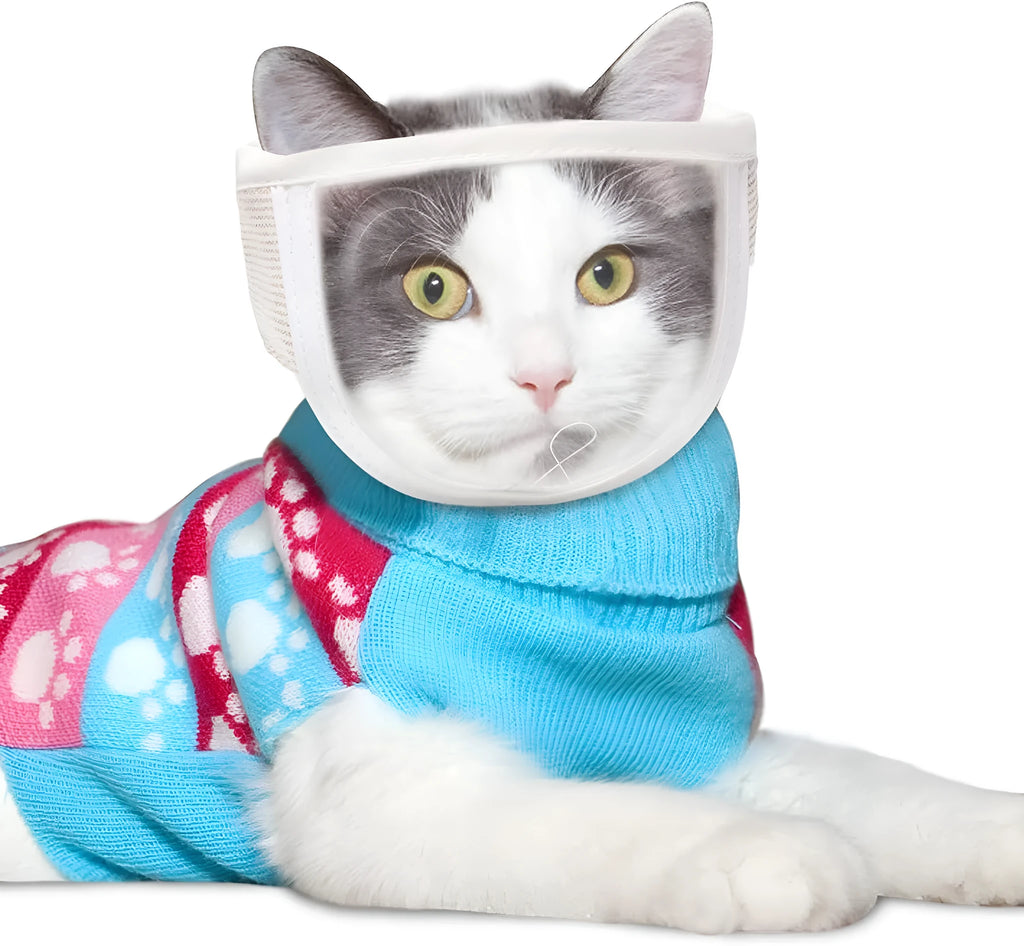 Clear PVC and cotton cat anti-bite muzzle shown in small and medium sizes for grooming.