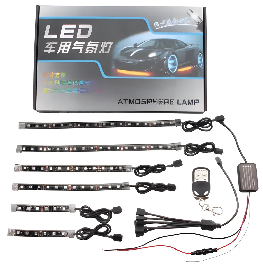 RGB LED atmosphere light kit for car interior with six flexible strips and remote control
