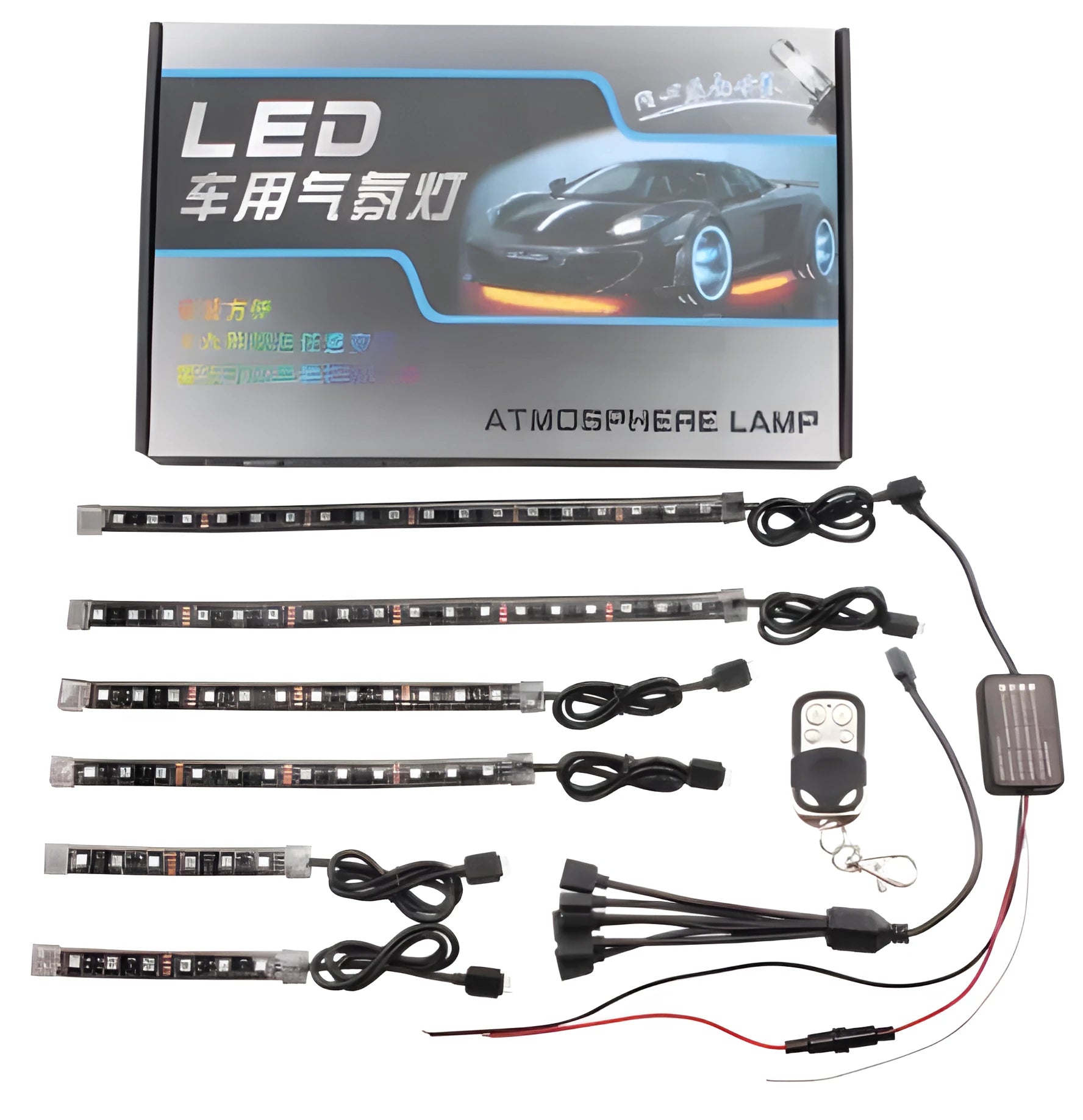 RGB LED atmosphere light kit for car interior with six flexible strips and remote control