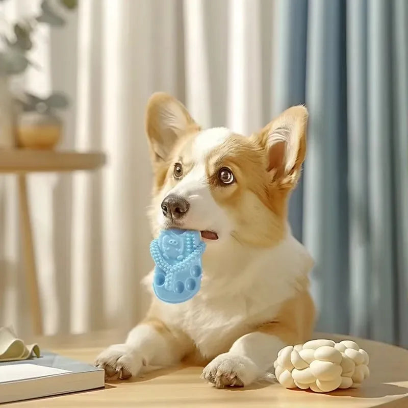 Blue rubber dog chewing toy slipper for teething puppies, durable and safe for oral health