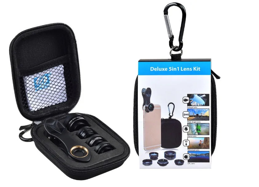 Black 5-in-1 smartphone lens kit with universal clip, fisheye, wide angle, macro and telephoto lenses