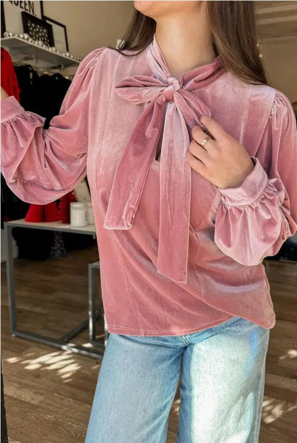 Fuchsia solid colour velvet long sleeve blouse with ribbon bow knot at neck