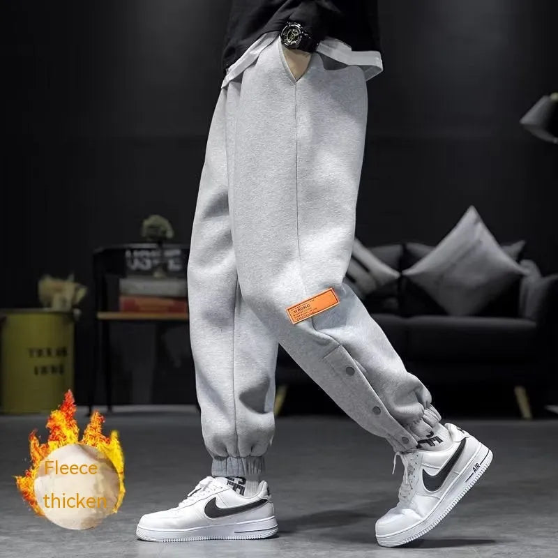 Autumn winter casual pants in cotton blend with skinny leg, ankle strap and velvet padded option, black or gray