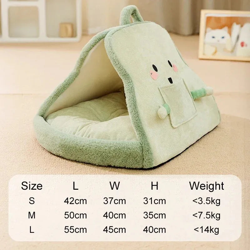 Green winter cat tent pet house with deep cave bed design and soft blanket inside.