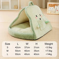 Green winter cat tent pet house with deep cave bed design and soft blanket inside.