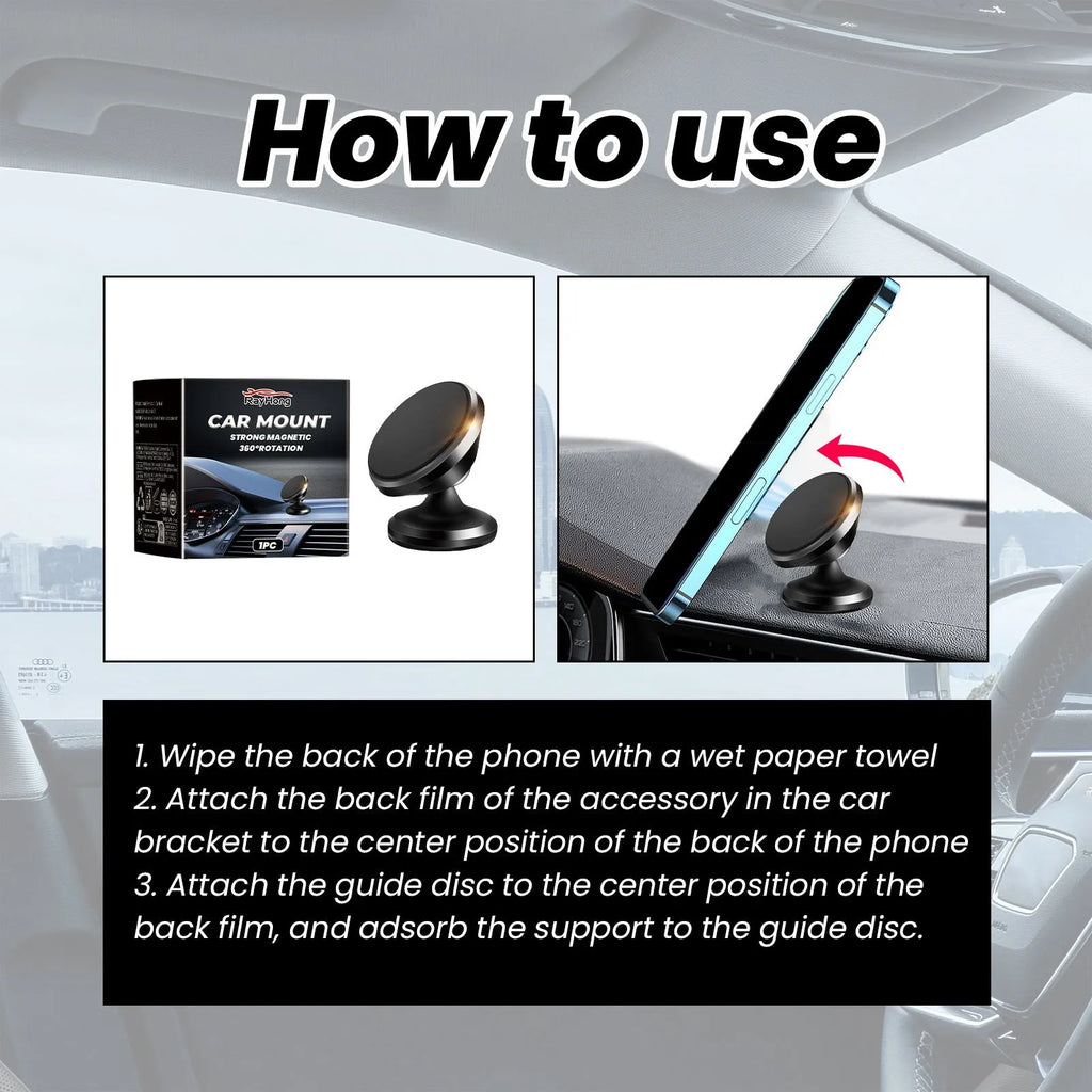 Magnetic car foldable phone holder in black ABS plastic, 3.2x3.5cm, shown on a dashboard