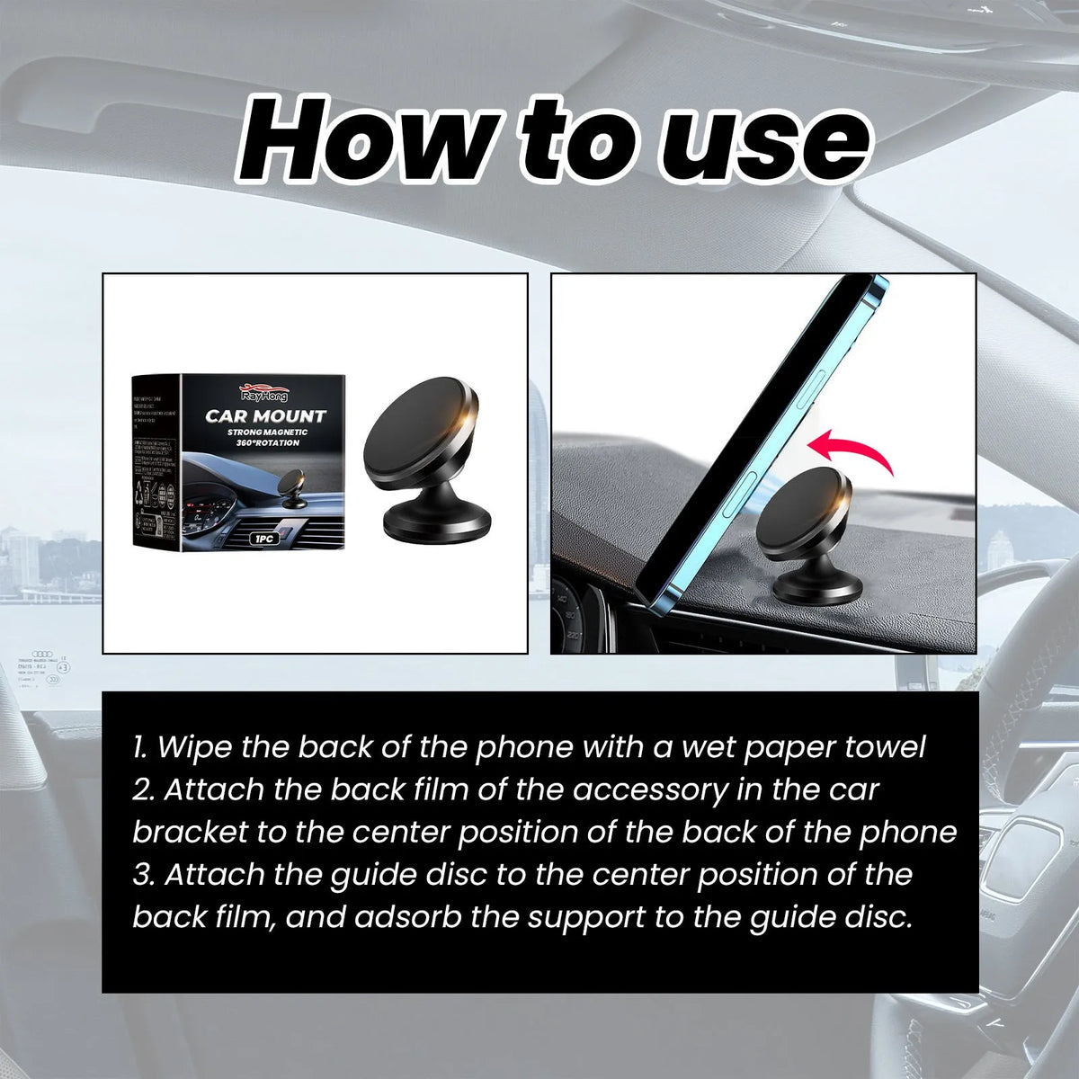 Magnetic car foldable phone holder in black ABS plastic, 3.2x3.5cm, shown on a dashboard