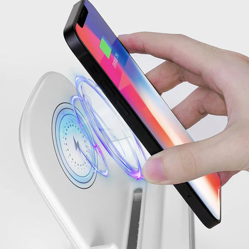 White 15W vertical wireless fast charger stand for phone and tablet with Type-C input on desk