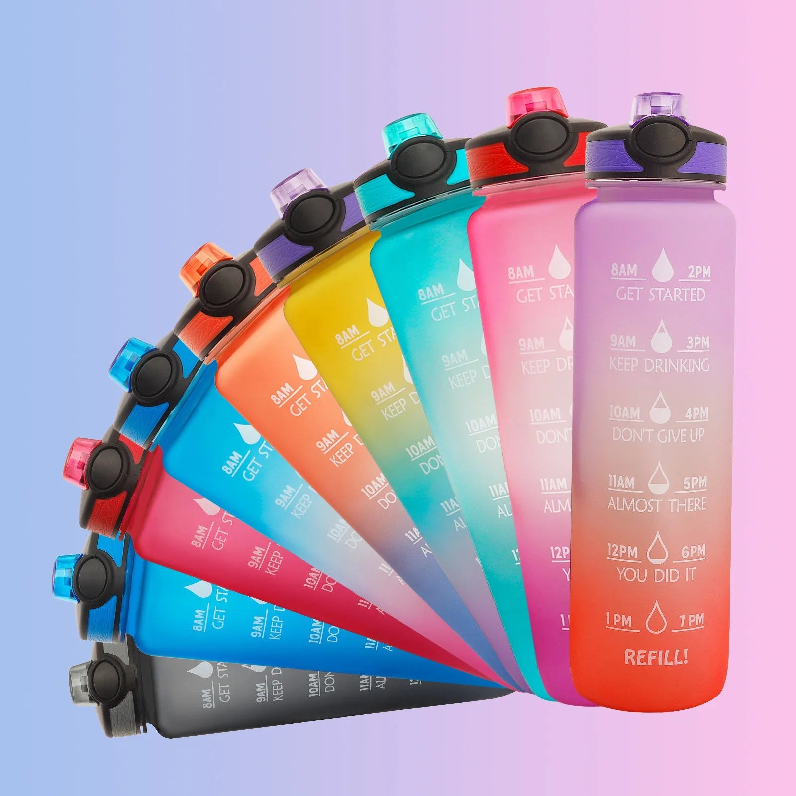 1L Tritan sports water bottle with time markers and flip-top lid in blue-red gradient colour