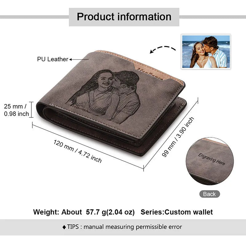 Coffee brown engraved horizontal short PU wallet for men, showing photo personalisation on the cover.